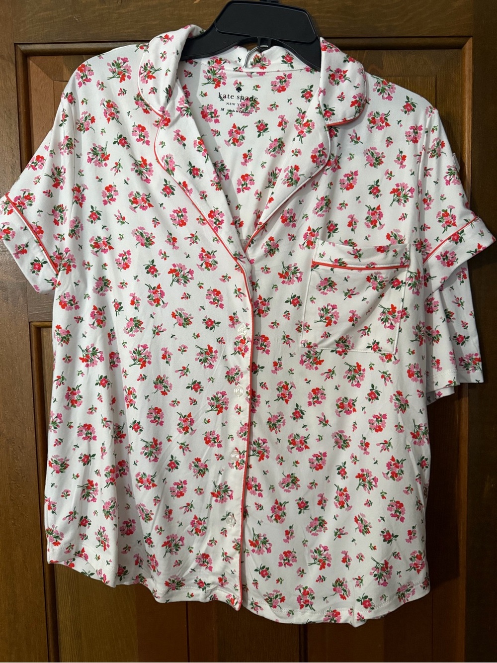 kate spade White Floral Short-Sleeve Pajama Top with Pink Piping